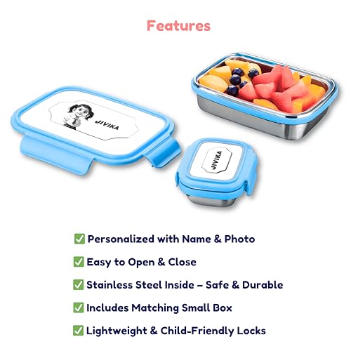 Image of Personalized Stainless Steel Lunch Box for Kids - Photo & Name Permanently Printed - Ideal for School, Students, Children - Durable and Safe Food Container - Customizable Design - Blue Color