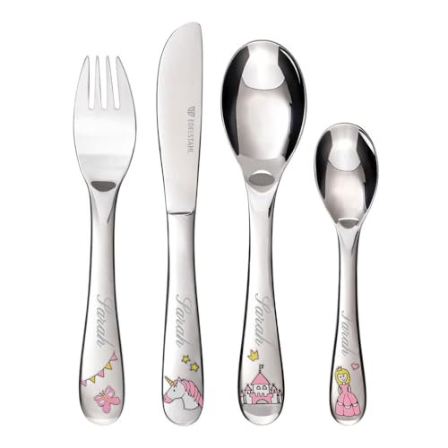 Ocadeau Coffret de 4 couverts enfants princesse personnalisables – Gravure prénom sur le coffret couvert princesse fille – Couverts originaux filles...