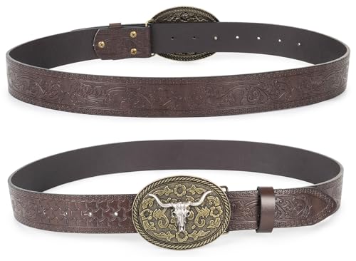 Mens Western Cowboy Belt Vintage Embossed Leather Belt With Longhorn Cow Pattern Buckle Fit 25" to 38" Waist3