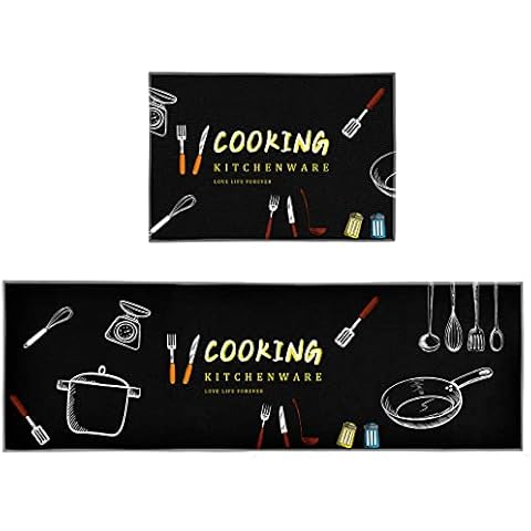 Black Kitchen Rugs and Mats Sets of 2 Pieces Funny Kitchen Decoration Non Slip Super Absorbent Kitchen Mat Runner Rug for Sink, Kitchen, Hallway, Laundry Room (17"x29.5"+17"x59", Cooking) Cover