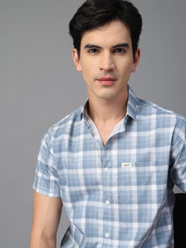 Image of Majestic Man Men's Slim Fit Premium Pure Cotton Plaid Check Half Sleeve Casual Shirt