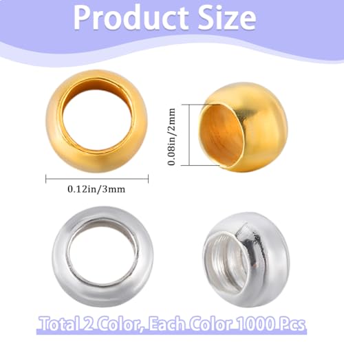 SOFPLATE 1 Box 2000Pcs 3mm Crimp Beads Gold Silver Metal Round Crimp Beads Spacer Stopper Clamp Ends Rondelle Ball for Jewellery Making Supplies Crimping Spacers DIY Bracelet Earring Crafts - Image 2