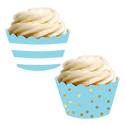 Andaz Press Party Cupcake Wrapper Decorations, Baby Blue Stripes and Metallic Gold Ink Polka Dots, 24-Pack, Theme Colored Bulk Cake Supplies
