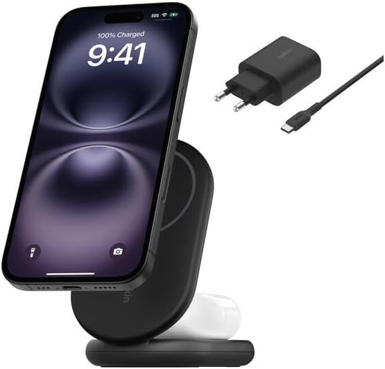 Belkin BoostCharge 2-in-1 Magnetic Foldable Qi2 Charging Cradle (15W, Compatible with MagSafe Wireless Charger, Fast Charging, Apple iPhone 16/15/14, Non-Slip Base, AC Adapter, Black)