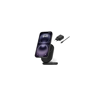 صورة شاحن مغناطيسي لاسلكي 2 في 1 قابل للطي بقدرة 15 واط وتقنية Qi2 من بيلكن (Belkin BoostCharge) – متوافق مع آيفون وايربودز مع محول طاقة 30W وكابل USB-C (أسود)
