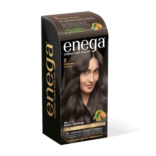 Enega No Ammonia Grey Coverage Long Lasting Creme Hair Color with Argan Oil & Green Tea Extract – Pack of 1(150 ML) (Original Black)