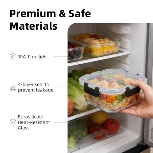 Image of Konokyo Square Glass Food Storage Containers with Lids, 24 Pack Airtight Leakproof Meal Prep Containers, BPA-Free, Microwave Oven Freezer & Dishwasher Safe, Assorted Sizes