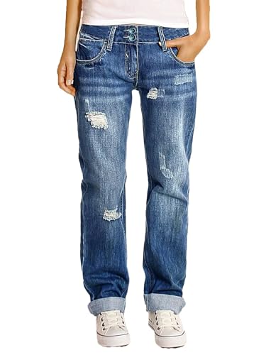 Flamingals Women's Straight Leg Mid Rise Vintage Wash Ripped Distressed