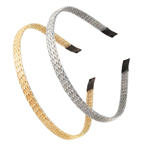 YARN & INK 2 Pcs Women's Thin Mesh Gold Silver Fabric Headbands, Fashion Cute Headband Metal Hair Accessories Vintage for Women Girls (Gold Silver Mesh)