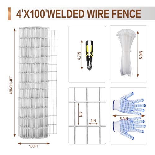 Tongmo 4 ft x 100 ft Galvanized Welded Wire Fence, 16GA Garden Chicken Wire Fence Roll, Mesh Size 2" x 4"Hardware Cloth, Ideal for Yard Protection and Poultry Netting - Image 3