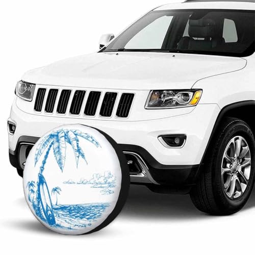 Image of Palm Trees and Sea View Spare Tire Cover Surfing Background Blue Line Drawing Wheel Covers for RV Tires Camper Tire Case Protectors for Trailer Rv SUV Truck Travel Trailer 17 in
