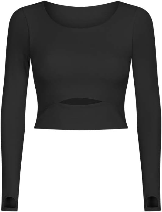 Women Yoga Crop Tops, Long Sleeve Workout Top with Built-in Shelf Bra Cropped Sweatshirts Stretch Athletic Shirts