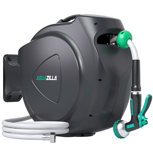 Retractable Garden Hose Reel - 1/2 in x 120 ft Automatic Wall Mount Heavy Duty Automatic Water Hose Reel with 9 Patterns Nozzle Kink-Resistant Hose 180 Swivel Auto-Lock for Outdoor Watering