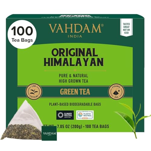 VAHDAM, Himalayan Té Verde (100 Piramidales Bolsitas De Té) 100% Pura Y Natural | Envasado Fresco En La India | Caliente, Frío O Como Kombucha