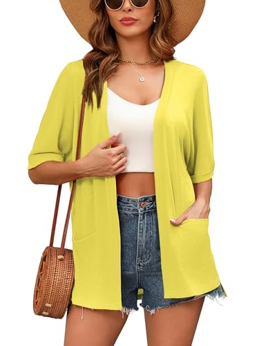 Image of Women's Lightweight Open Front Cardigans Short Sleeve Casual Soft Sheer Cardigan S-2XL with Pockets