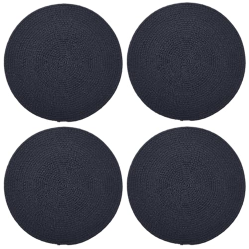 Image of Dining Table Mats Set of 4 | Cotton Table Mat 32 cm Diameter, Encasa XO Washable Round Table Mats, Heat Resistance Dining Table Placemats, Handmade Ribbed Style for Centre Table, Dark Blue