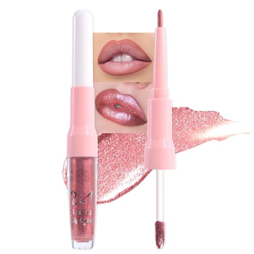 Image of evpct Pine Red Metallic Glitter Lip Liner and Lipstick Combo Lip Gloss Stain Set Makeup for Women Long Lasting Waterproof 24, Warm Pink Metallic Shimmer Frosted Iridescent Shiny Liquid Lipstick 09
