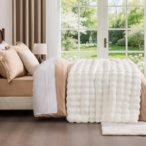 Image of BEDELITE Faux Fur Throw Bubble Blanket for Couch, 60 inch x 80 inch, Cream | 870GSM Soft Cozy Plush Blanket for Sofa & Bed Living Room Decor, Warm Fuzzy Faux Rabbit Fur for Women Gift, All Season Use