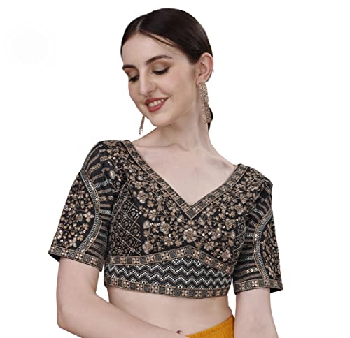 Image of Pujia Mills Mills Women's Fancy Readymade Heavy Coding Embroidary Worked Half Sleeve Multicolor Saree Blouse(Mushroom)