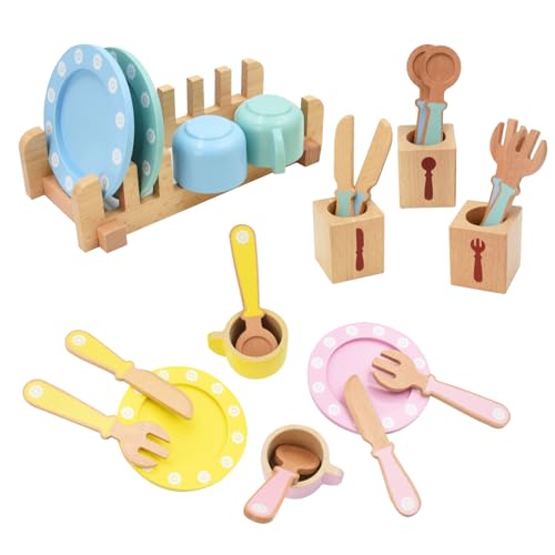 Cocinita de Madera Infantil 24 Piezas, Aolkee Cocina Juguete Madera, Utensilios Cocina Juguete, Juego de Cocina para niños, Juego de rol, Juguetes Montessori 3 4 5 Año