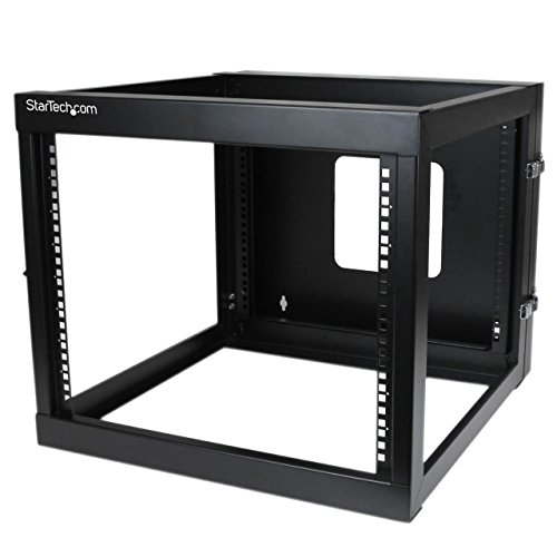 Image of StarTech 8U 4-Post Hinged Wall Mount Open Rack, 19in, 139lb (RK819WALLOH) | Swing-out hinged frame, SPCC cold-rolled steel, Ships fully assembled, Cage nuts, 19.8in /50.2cm depth
