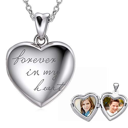 925 Sterling Silver Personalized Picture Locket Necklace Photo Heart Locket Necklace, Forever In My Heart Engraved Any Name Word Symbol Date Number (Locket + Photo)