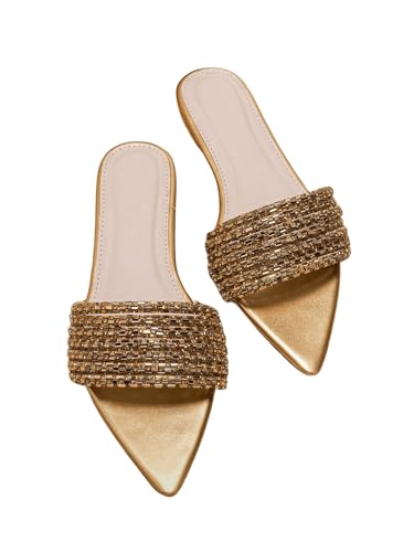 OYOANGLE Women's Rhinestone Pointed Open Toe Sandals Leather Sparkly Single Band Elegant Slide Sandals