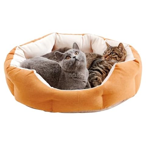 Made4Pets Cat Beds for Indoor Cats - Dog Beds for Small Dogs, Round Pet Bed for Puppy and Kitten, Washable Dog Bed with Anti-Slip Bottom, Removable Dual-Fabric Cushion for All Season, Orange Cover