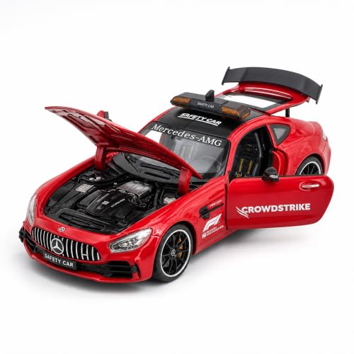 Image of Mercedes AMG GT F1 Safety Car 1:24 Scale Die Cast Metal Car - Pull Back Sports Coupe in Red with Openable Doors & Hood, Light & Sound, Steerable Wheels, Showpiece for Kids