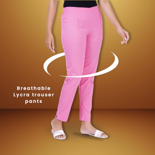 Image of Happy Bunny Cotton Blend Lycra Kurti Pants for Women, Soft 30% Stretch Full Length Trousers with Elastic Waist & Zip Pocket, Ideal for Office, Work, Casual, Home Wear Breathable Slim Fit