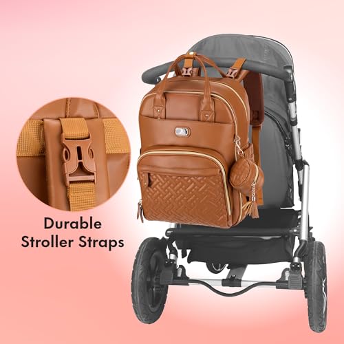 Image of Dikaslon Leather Diaper Bag Backpack with Portable Changing Pad, Pacifier Case and Stroller Straps, Large Unisex Baby Bags for Boys Girls, Multipurpose Travel Back Pack for Moms Dads, Dark Brown