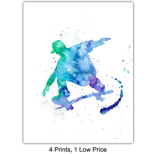 Skateboarding Watercolor Wall Art Prints - Set Of Four - Great Gift For Skaters - Chic Home Decor - Ready To Frame (8X10) Vintage Photos #TOP2