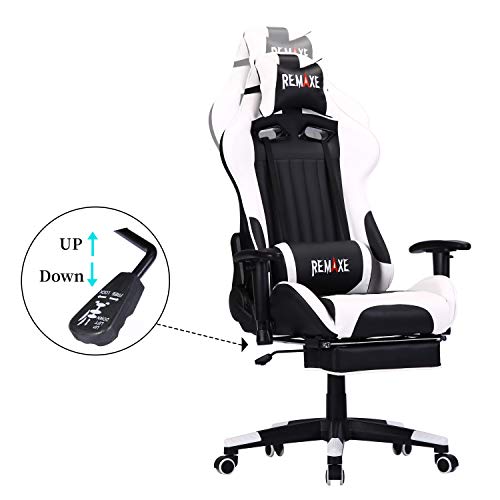 Remaxe Gaming Chair, Large Size Computer Ergonomic Racing Chair with Retractable Footrest,Execultive PU Leather Headrest Lumbar Massager Cushion Ergonomic Swivel PC Chair for Home,Black/White