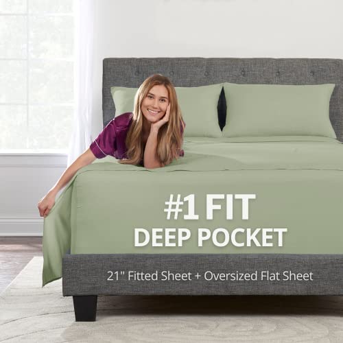 California King Sheet Sets – Deep Pocket California King Sheet Set – [4-Pieces] 21” Cal King Sheets Deep Pocket Fitted, Oversize Flat Sheet, 2 Zipper Closure Pillowcases – Cal King Bed Sheets – Green