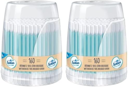 Lotus Coton-tiges en papier et Coton Bio - Boîte de 160 Bâtonnets - Bleu ou Rose (Lot de 2)