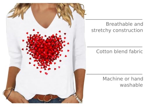 Image of Womens 3 /4 Sleeve V Neck Valentine T Shirts Love Heart Printed Graphic Tee Tops