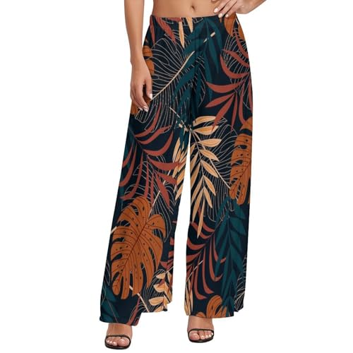 Womens Pants Elastic High Waist Watercolor Tropical Leaf Palazzo Pants Casual Wide Leg Lounge Pants for Women