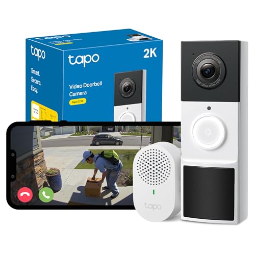 Tapo D210 Doorbell Camera Wireless 2K 3MP Ultra-Clear Doorbell Camera, Battery Video Doorbell Wireless, Ring Chime Included, Color Night, TP-Link Free AI Detection,IP65,6-Month Battery,No Mo
