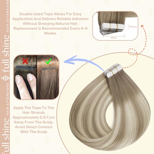 Image of Full Shine Human Hair Extensions Tape in, Ash Brown Platinum Blonde 14 Inch | 50g 20PCS, Invisible Tape in Hair Extensions Human Hair, Straight Seamless Skin Weft Smooth Finish Daily Wear