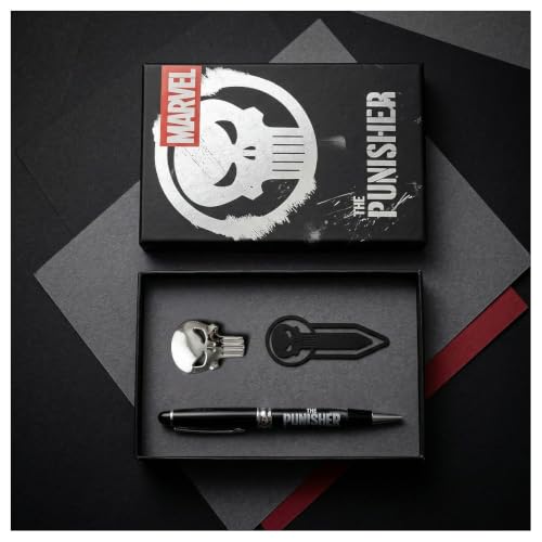 The Punisher Marvel Set de stylos premium pour adultes et jeunes - Comprend un stylo noir, une broche mĂ©tallique tĂȘte de mort et un marque-page, licence officielle, cadeau pour le bureau et la lecture