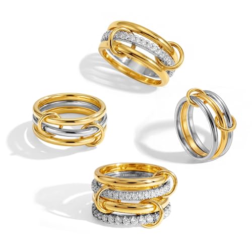 ACLOKOO 4 Pack Interlocked Stackable Rings for Women - 14K Gold Plated Statement 4 Mixed Metals Multi Ring Stack - Cubic Zirconia Two-Toned Connected Bands Stacking Jewelry (4 PACK 8)