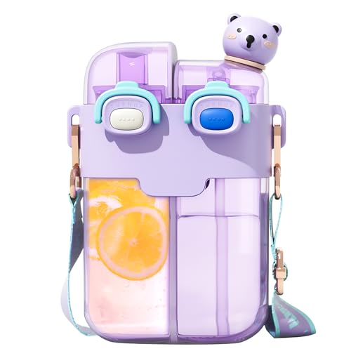 monoan Cute Water Bottle for Girls, 26oz Kawaii Water Bottle with Compartment, Kids Bottles with Straw and Strap, BPA-Free, Leak-Proof Plastic Drinking Cup, Gift for Kids & Girls (Purple)