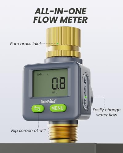 image for RAINPOINT Water Flow Meter with Brass Inlet & Outlet, 180° Screen-Fli