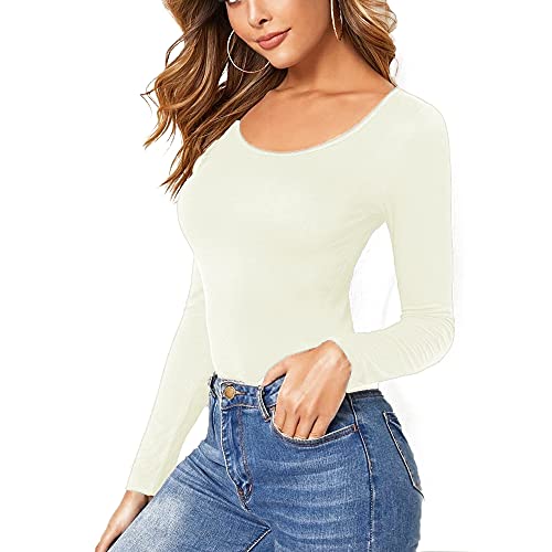 Image of STAR FASHION Women Ladies Long Sleeve Round Neck Plain Top Stretchy Casual T Shirts Basic Slim fit Tee Tops UK Size 20-22 - Cream