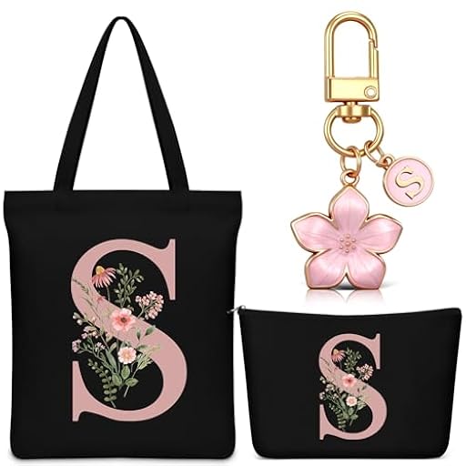 Hestya Set 3 Regalos para Mujer Bolso Tote Personalizado con Inicial Bolsa de Compras de Lona Neceser con Alfabeto Bolso de Maquillaje Llavero con Letra para Amiga Colega Cumpleaños Boda (Negro, S) | Ya disponible en tu tienda friki favorita! En mundofriki.es!