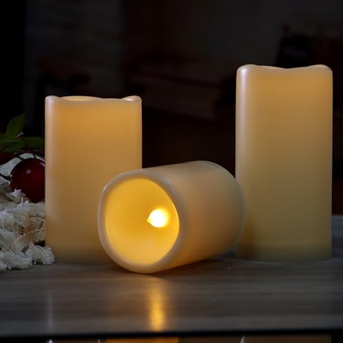 Image of CANDLE CHOICE Outdoor Battery-Operated Flameless Candles with Remote Timer Waterproof Flickering Plastic Electric LED Pillar Lights for Lantern Patio Garden Wedding Halloween Christmas 3x4,5,6 inch 3 Pack