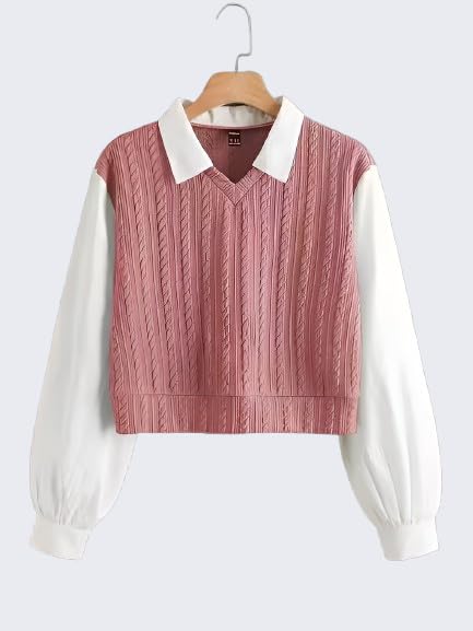 Image of Regular Fit Collared Knit Top for Women, Long Sleeve Casual T-Shirt, Black and White, Rib-Knit Material, Korean Trendy Style