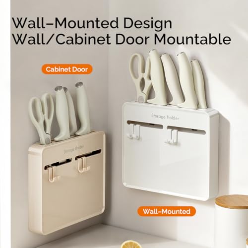 Image of SKYTONE Wall Mounted Kitchen Organizer Rack with 4 Adjustable Hooks & Towel Bar, Space Saving Wall Storage for Knives & Utensils, ABS Rust-Resistant Black (Knife Holder)