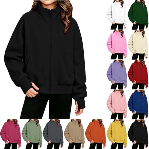 Girls Jacket Stand Collar Full Zip Sweatshirt with Thumb holes