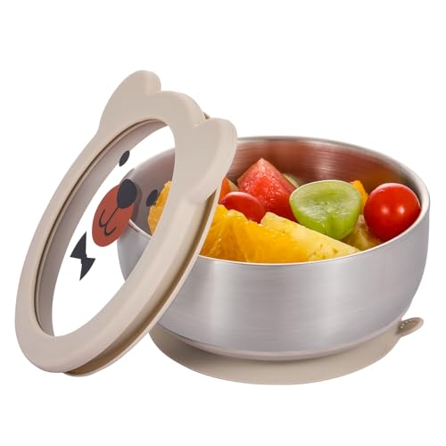 Image of MR. CHOU Baby Bowls with Non-Slip Silicone Suction Cup, Insulated Double-Layer 18/8 Stainless Steel Toddler Bowls with BPA Free Airtight Lids, Food-Grade Silicone Safe for Kids (Beige)